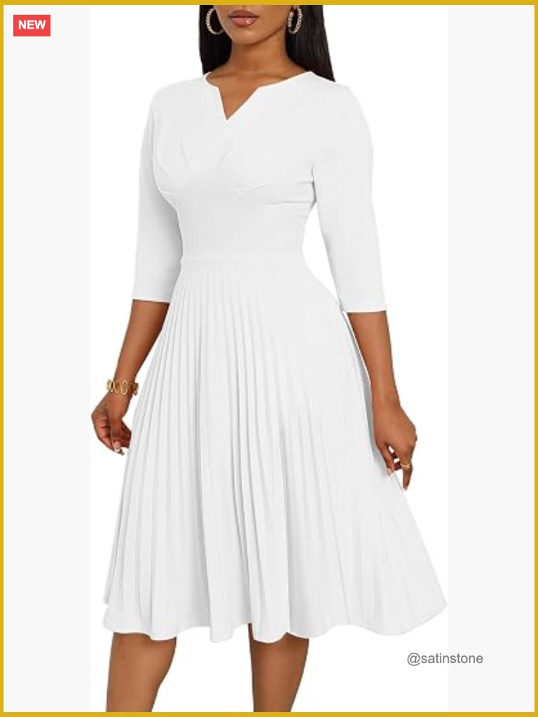 3/4 Sleeve A Line Pleated Midi Dress V Neck Cocktail Wedding Guest Dress